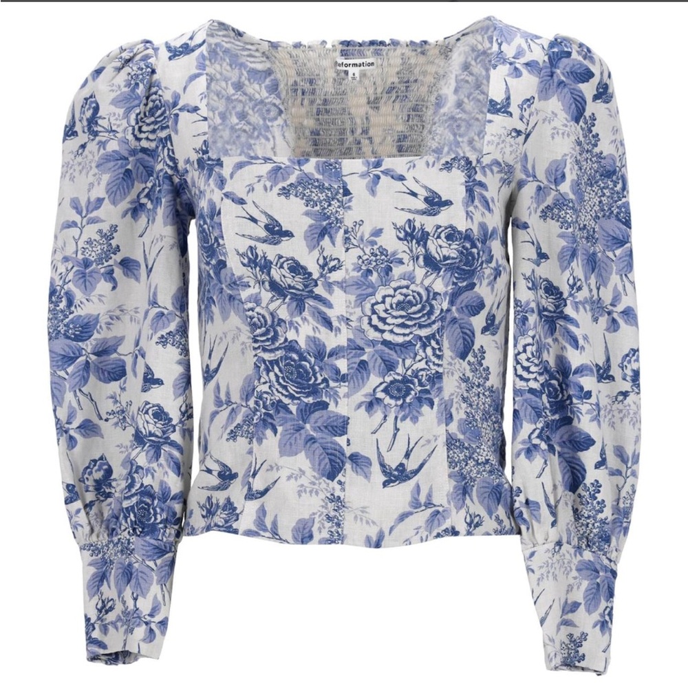 REFORMATION 100% Linen Stilton Floral Blue and White Top-Size 4